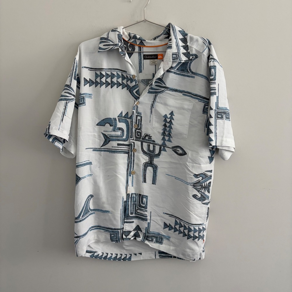 Quiksilver Mens Tribal Surf Print Button Up Shirt White Blue Medium